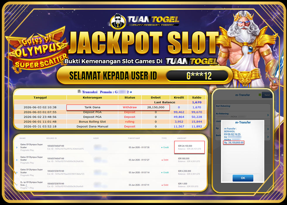 TUANTOGEL JACKPOT SLOT GATES OF OLYMPUS SUPER SCATTER Rp28.150.000, - LUNAS